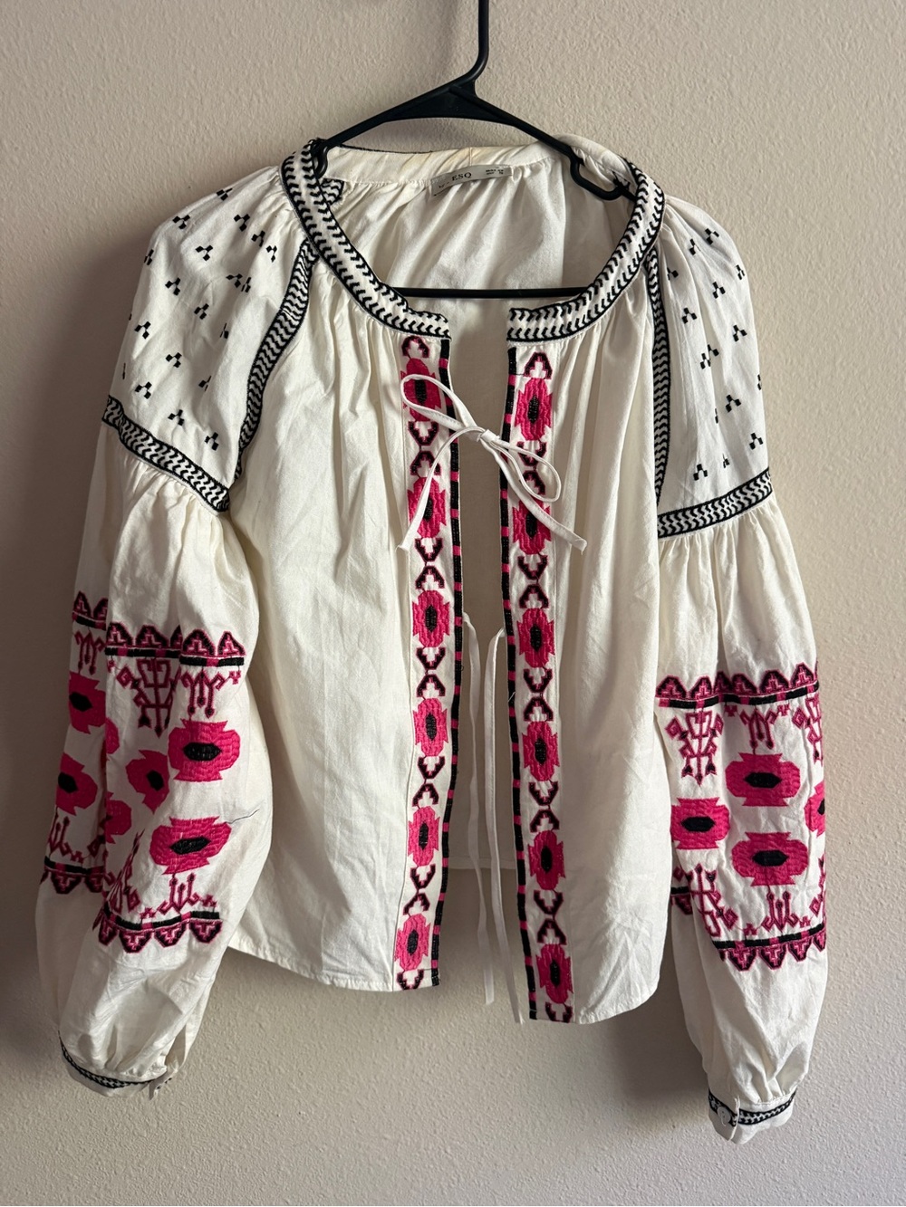 White Embroidered Peasant Blouse with Pink Floral Accents